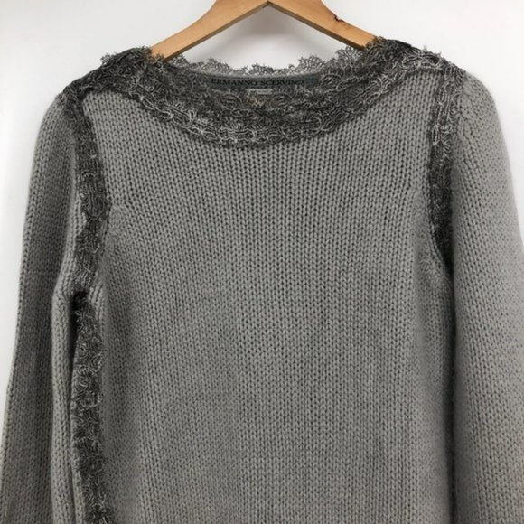 Ermanno Scervino grey 100% Cashmere knit sweater lace trimmed hems LG - Picture 4 of 7